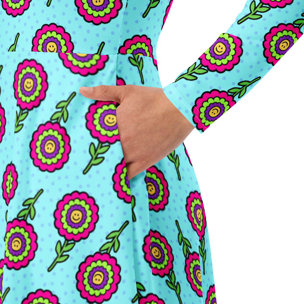 Long Sleeve Pocket Flare Dress - 'Blooming With Joy'