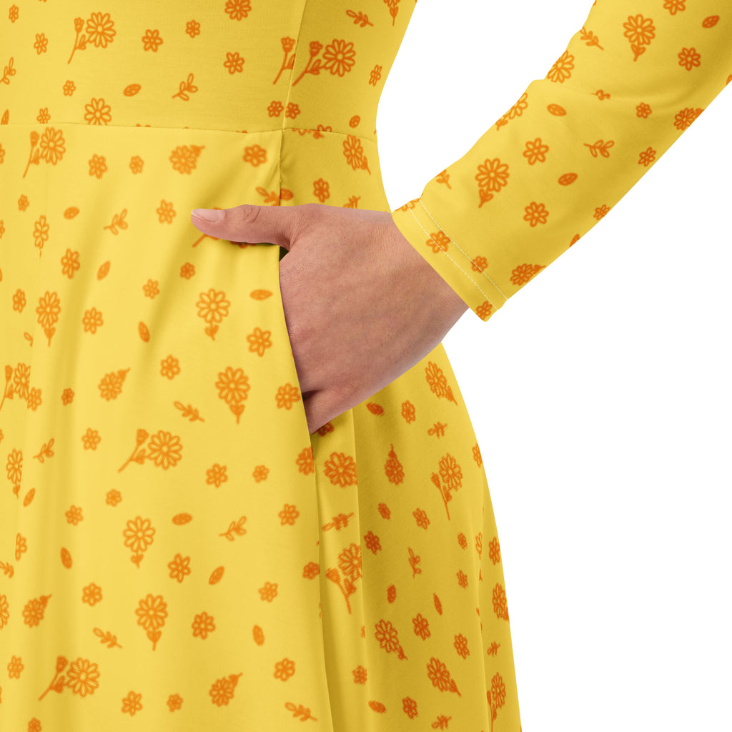 Long Sleeve Pocket Flare Dress - 'Itsy Bitsy Daisy (Marigold)'