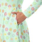 Long Sleeve Pocket Flare Dress - 'Feline Flowers'