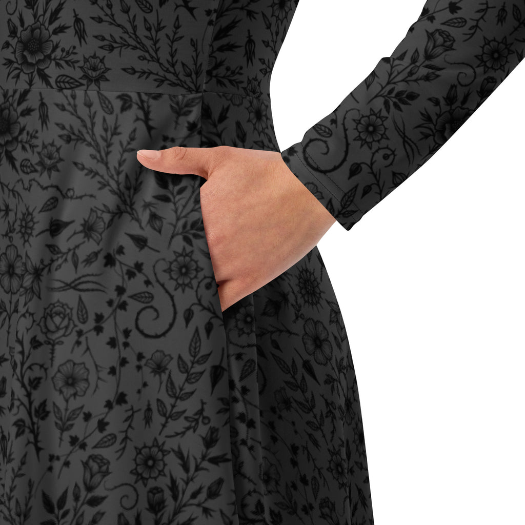 Long Sleeve Pocket Flare Dress - 'Gothic Garden (Black Version)'