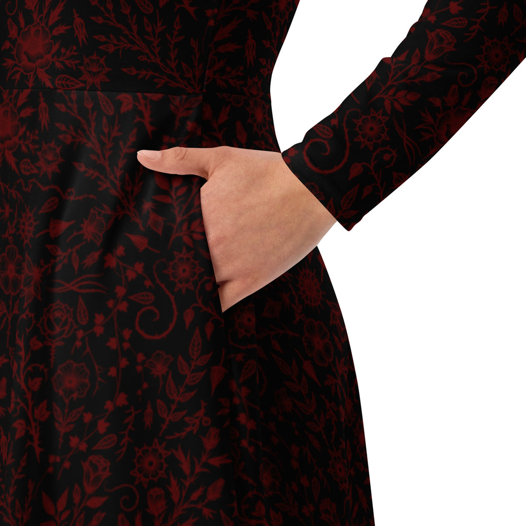 Long Sleeve Pocket Flare Dress - 'Gothic Garden (Red Version)'