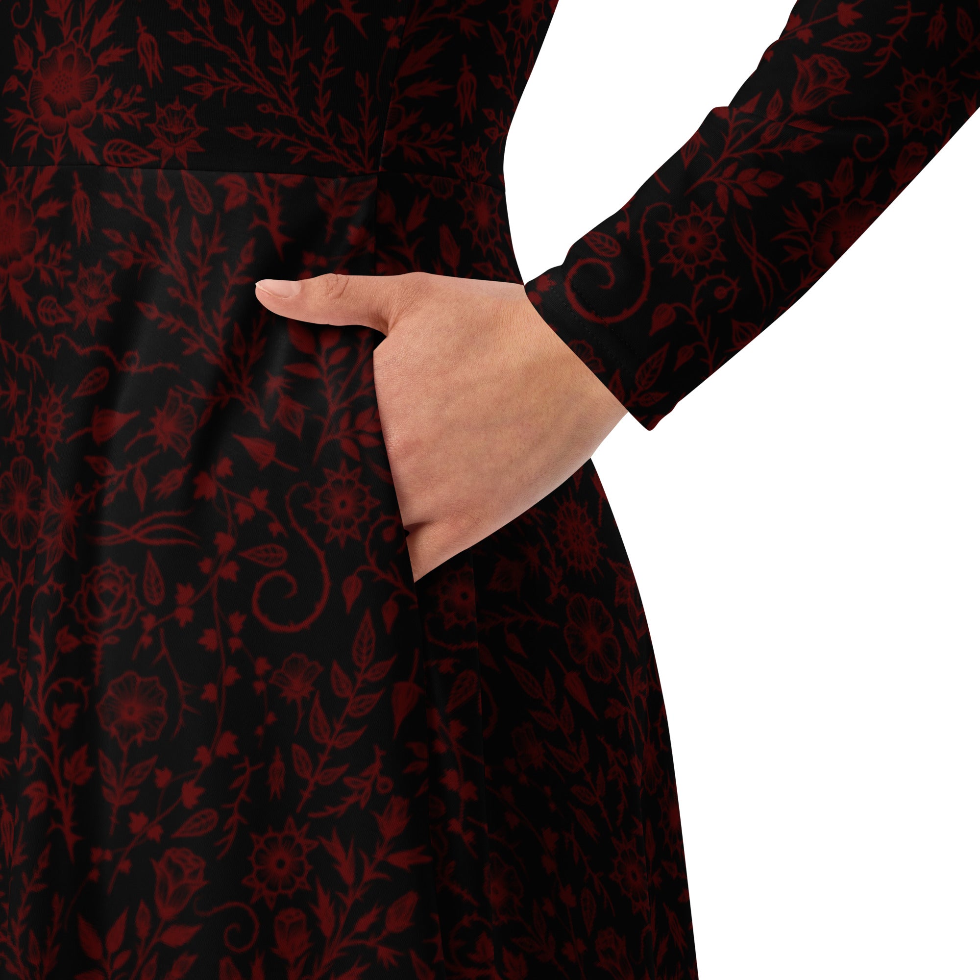 Long Sleeve Pocket Flare Dress - 'Gothic Garden (Red Version)'