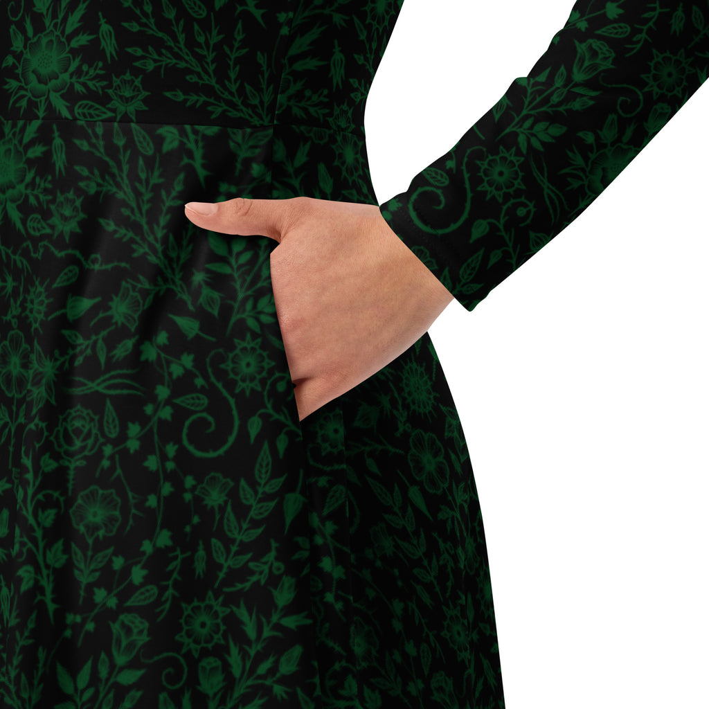 Long Sleeve Pocket Flare Dress - 'Gothic Garden (Green Version)'