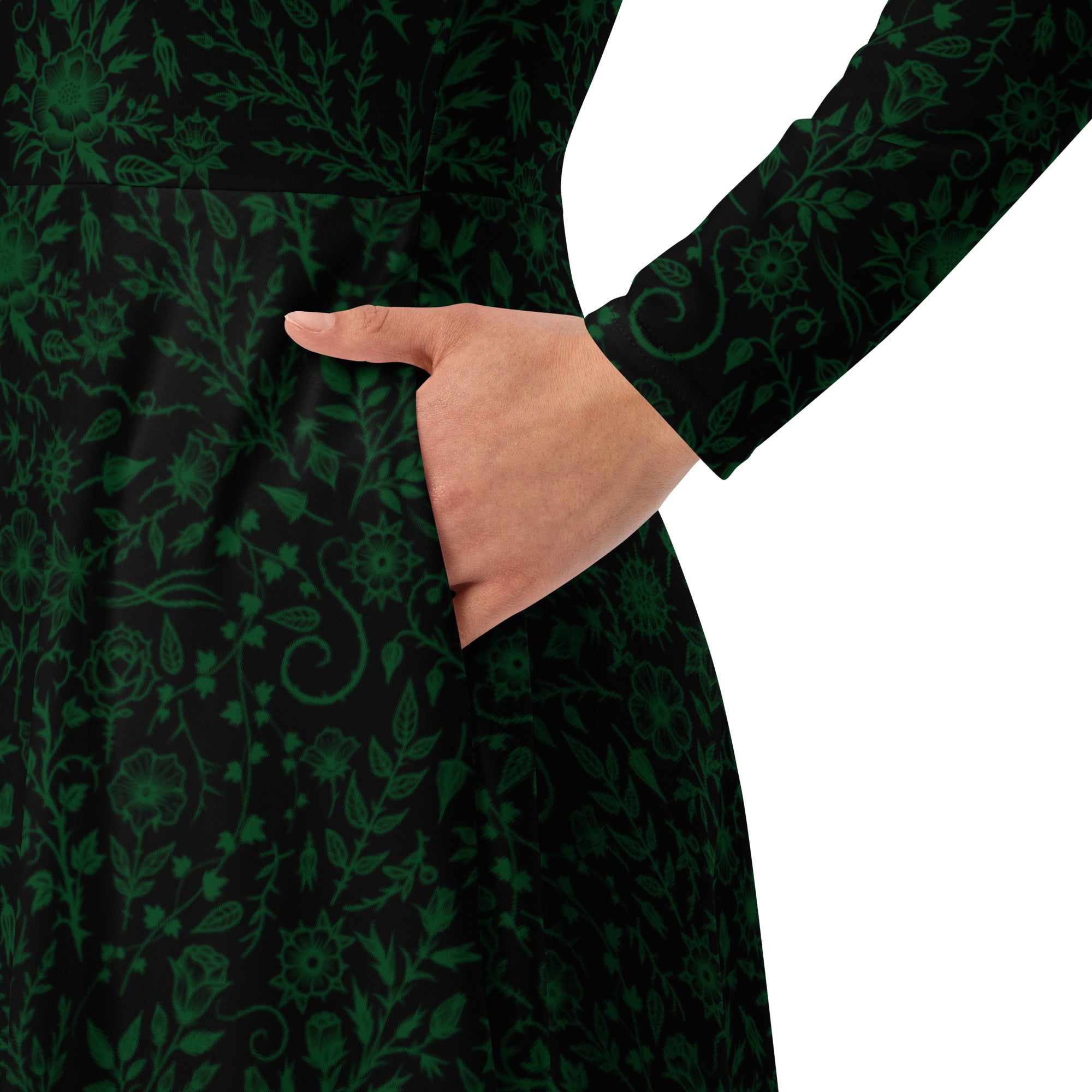 Long Sleeve Pocket Flare Dress - 'Gothic Garden (Green Version)'