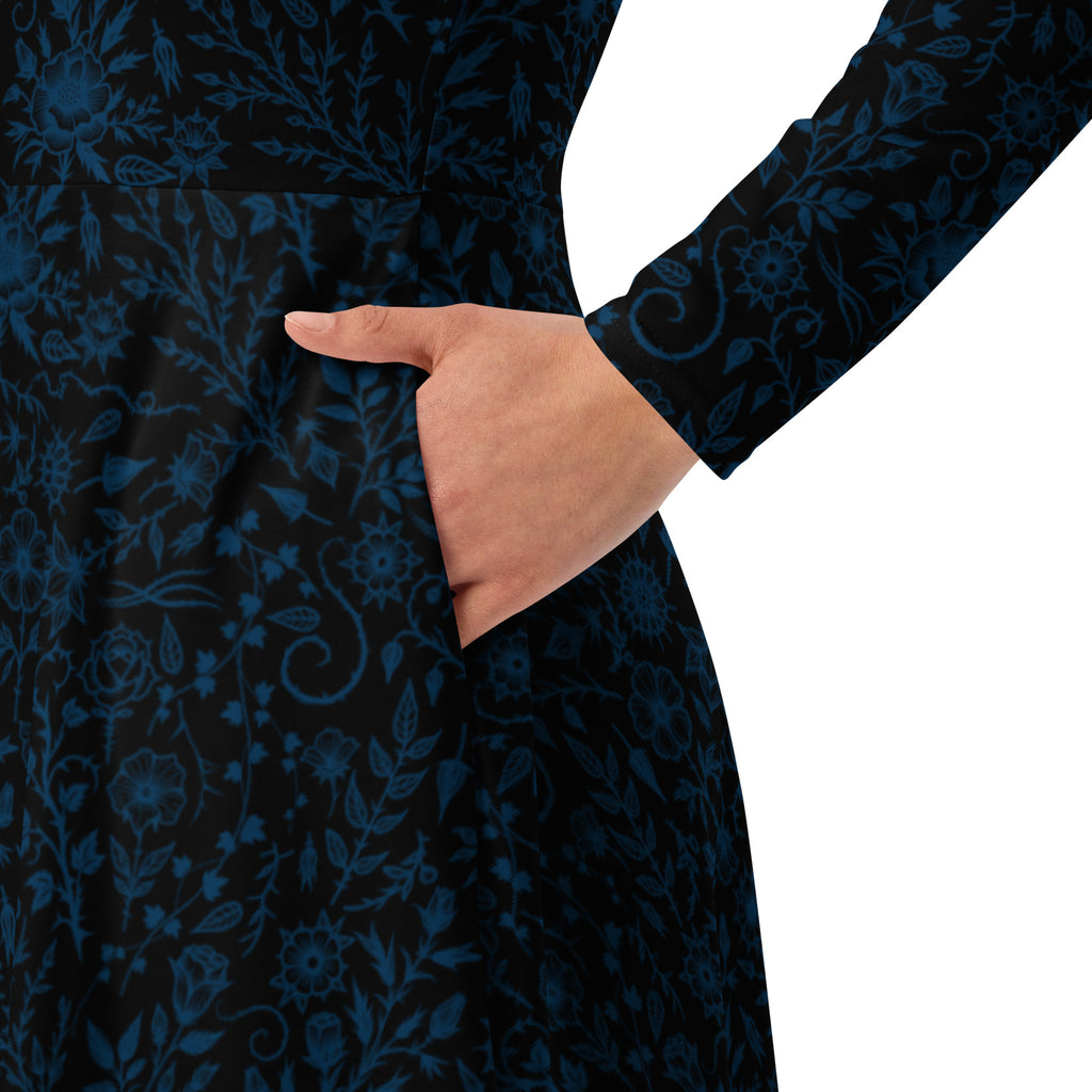 Long Sleeve Pocket Flare Dress - 'Gothic Garden (Blue Version)'