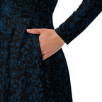 Long Sleeve Pocket Flare Dress - 'Gothic Garden (Blue Version)'