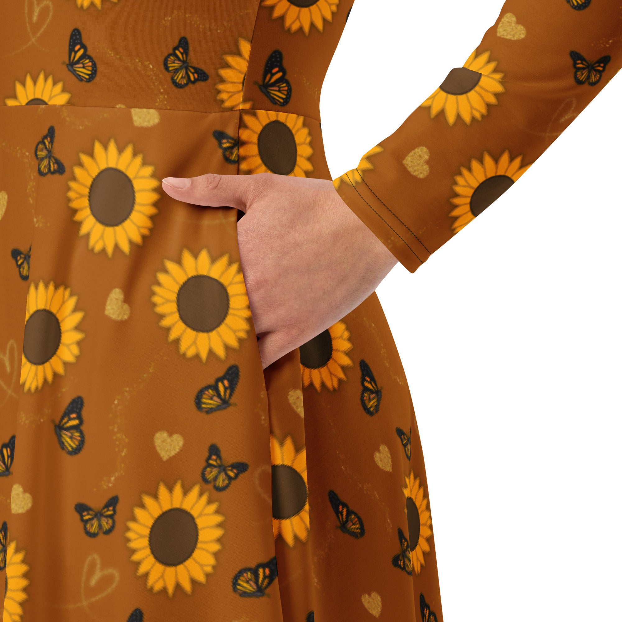 Long Sleeve Pocket Flare Dress - 'Sunflower Sparkle'