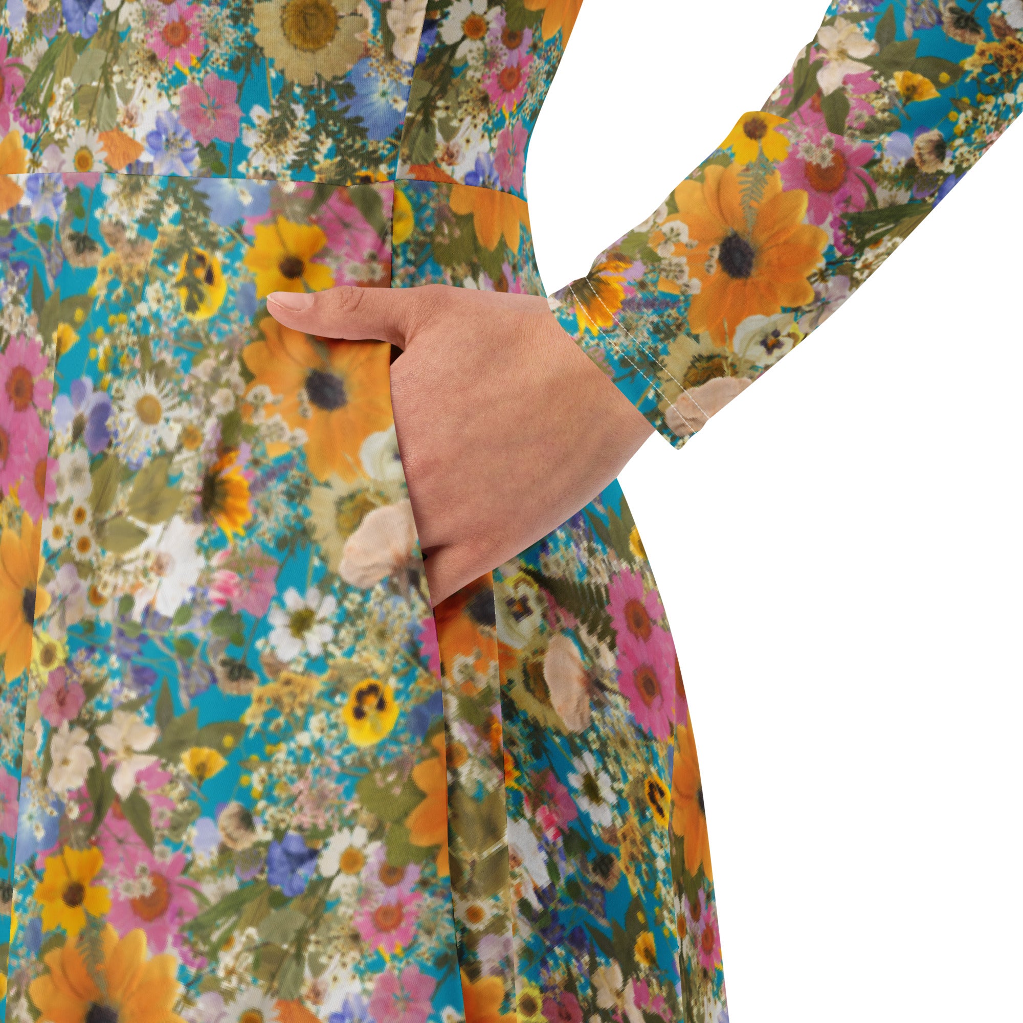 Long Sleeve Pocket Flare Dress - 'Pressed Flowers'