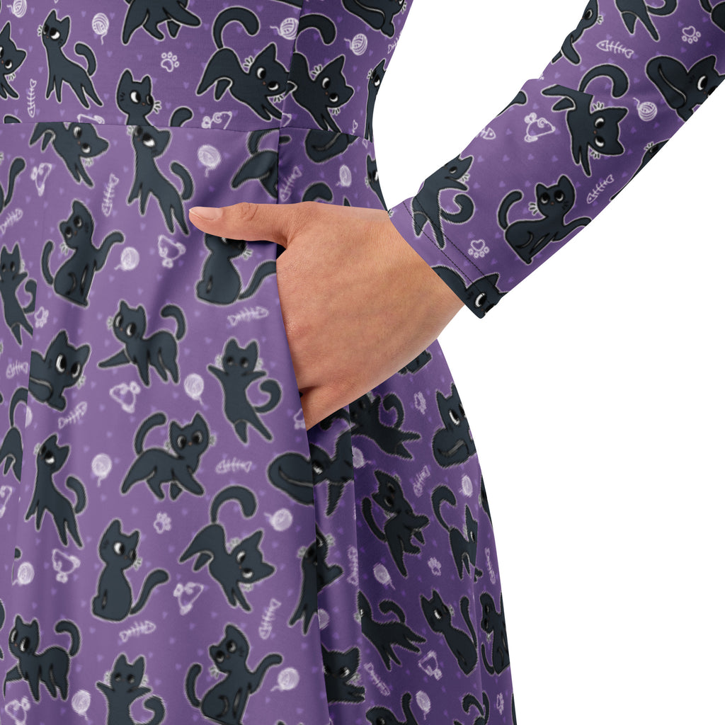 Long Sleeve Pocket Flare Dress - 'Purrple Playtime'