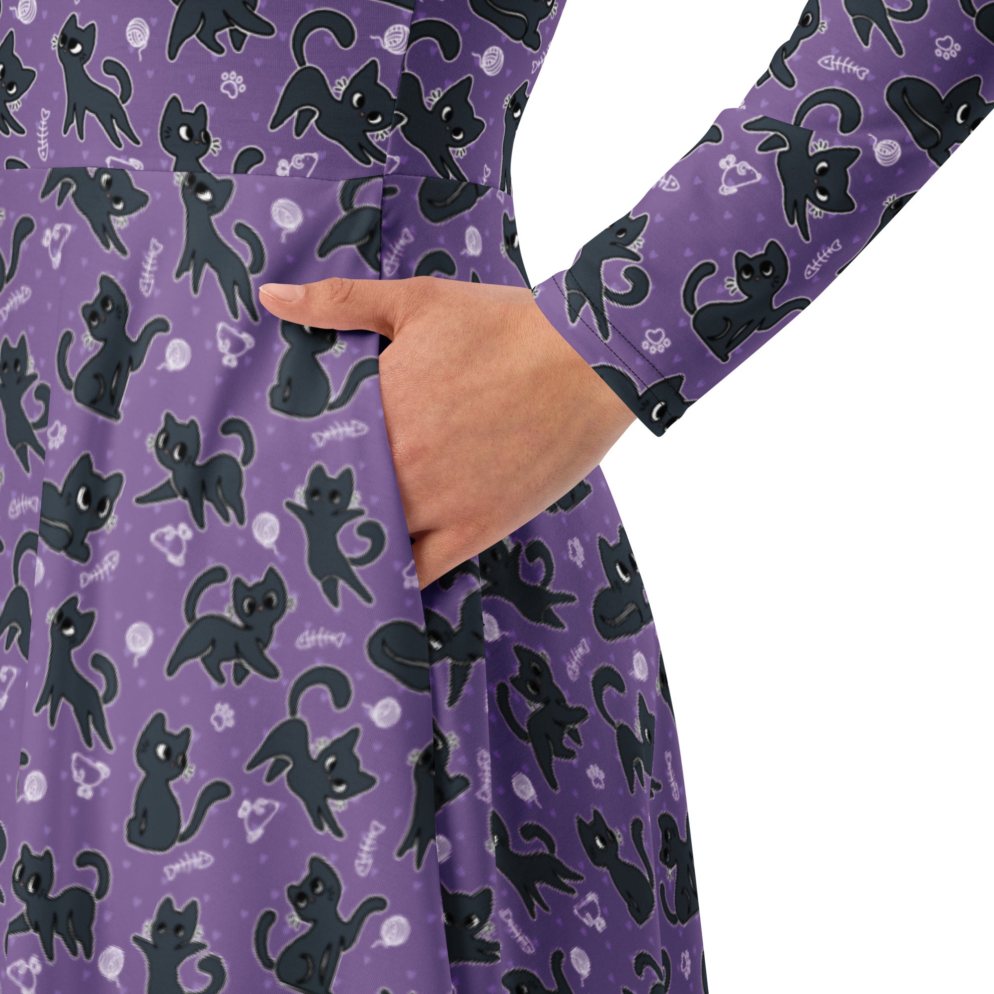 Long Sleeve Pocket Flare Dress - 'Purrple Playtime'