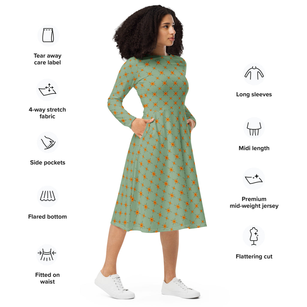 Long Sleeve Pocket Flare Dress - 'Summertime Vintage'