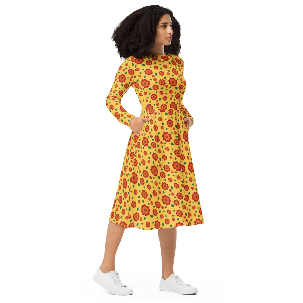 Long Sleeve Pocket Flare Dress - 'Petal Pop'