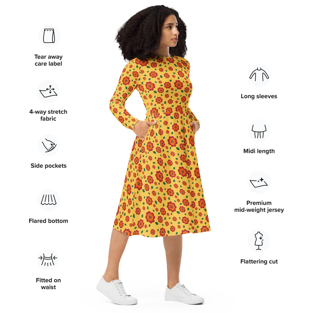 Long Sleeve Pocket Flare Dress - 'Petal Pop'