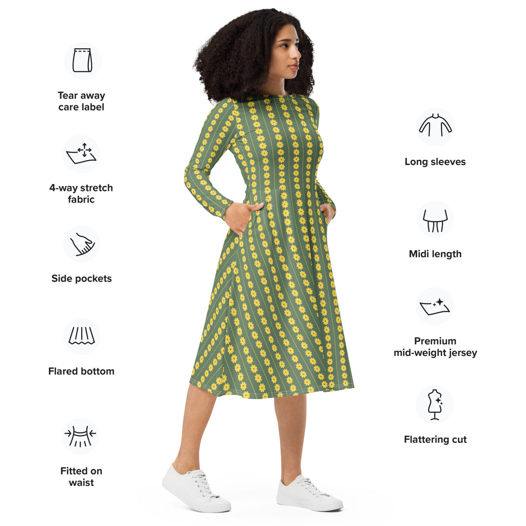 Long Sleeve Pocket Flare Dress - 'Simply Sage'
