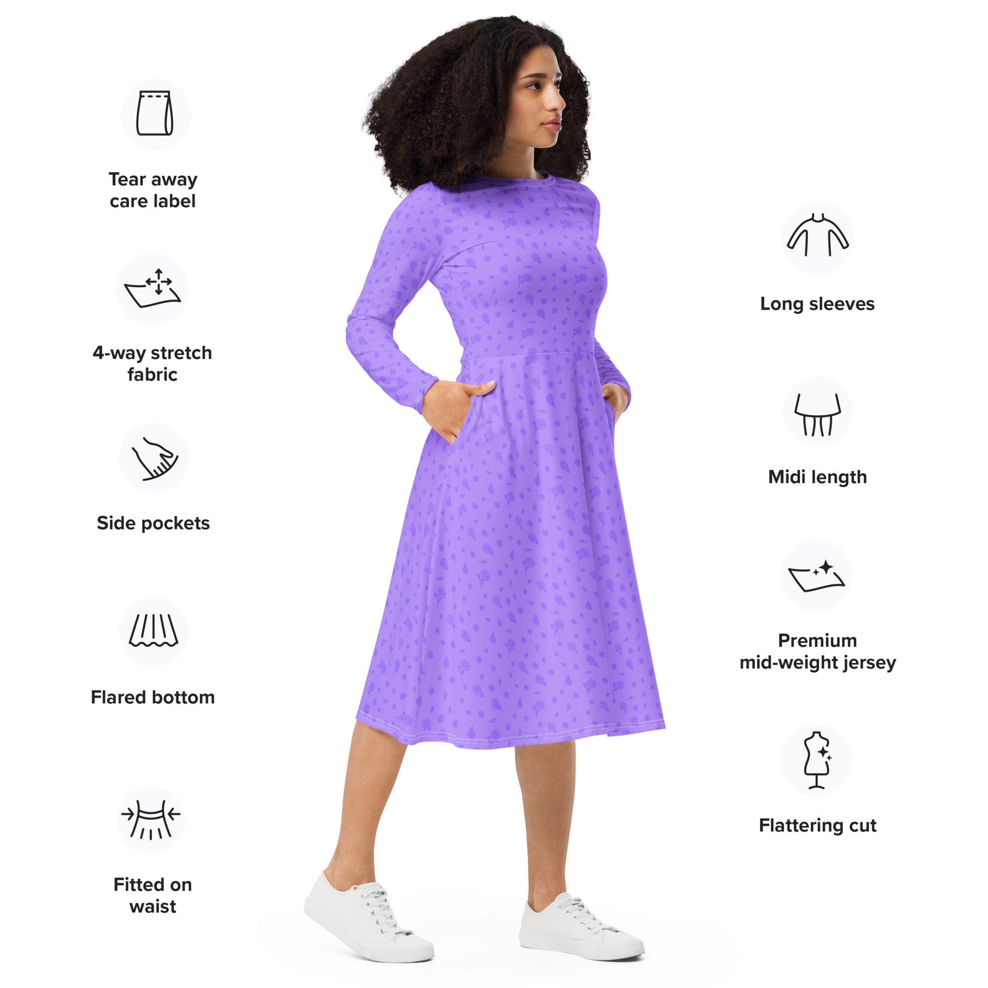 Long Sleeve Pocket Flare Dress - 'Itsy Bitsy Daisy (Lavender)'