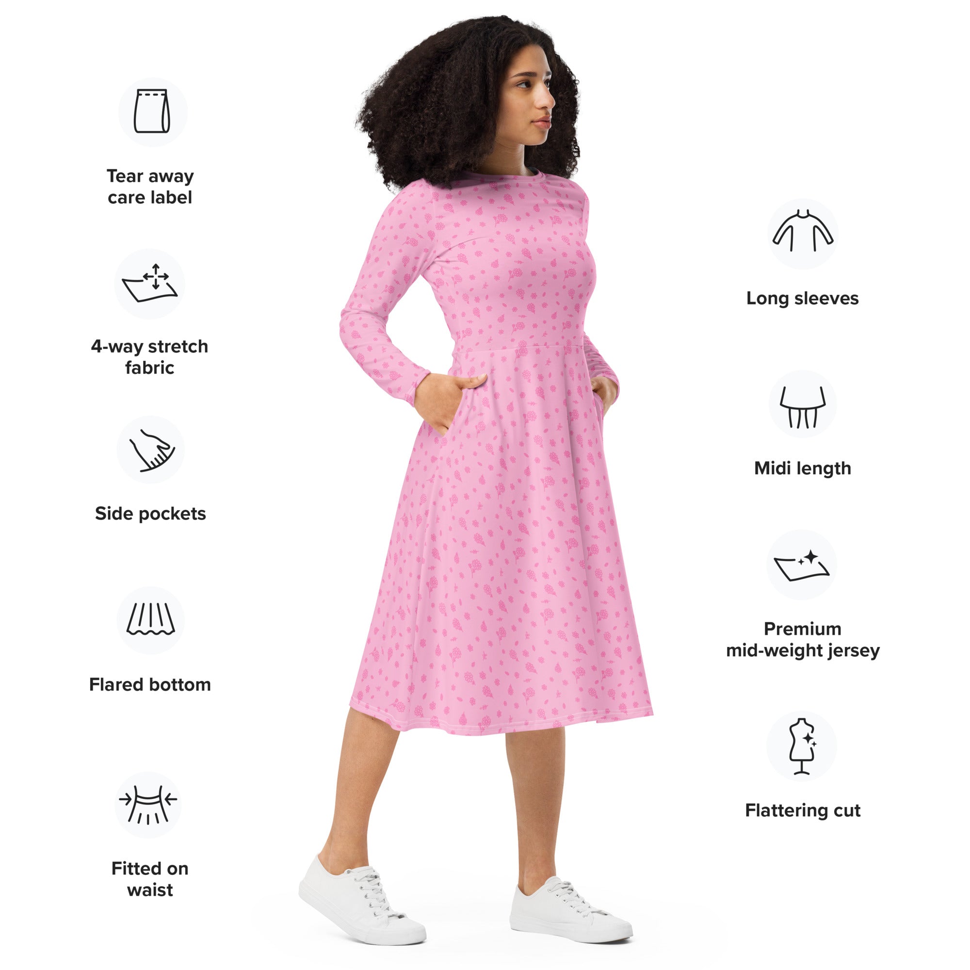 Long Sleeve Pocket Flare Dress - 'Itsy Bitsy Daisy (Rose)'