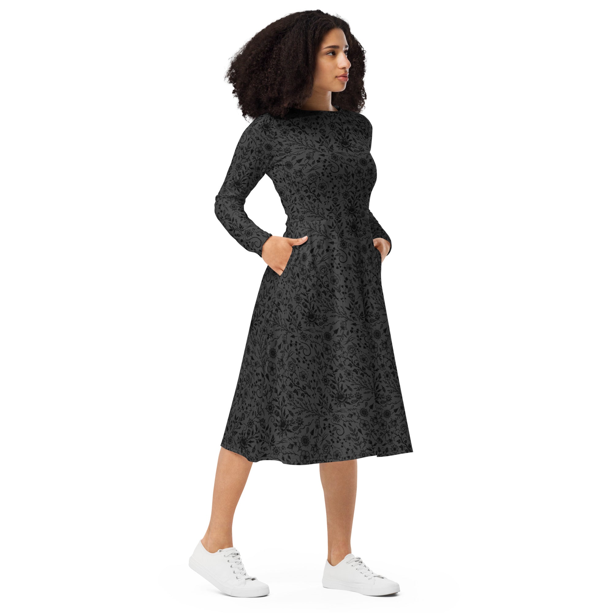 Long Sleeve Pocket Flare Dress - 'Gothic Garden (Black Version)'