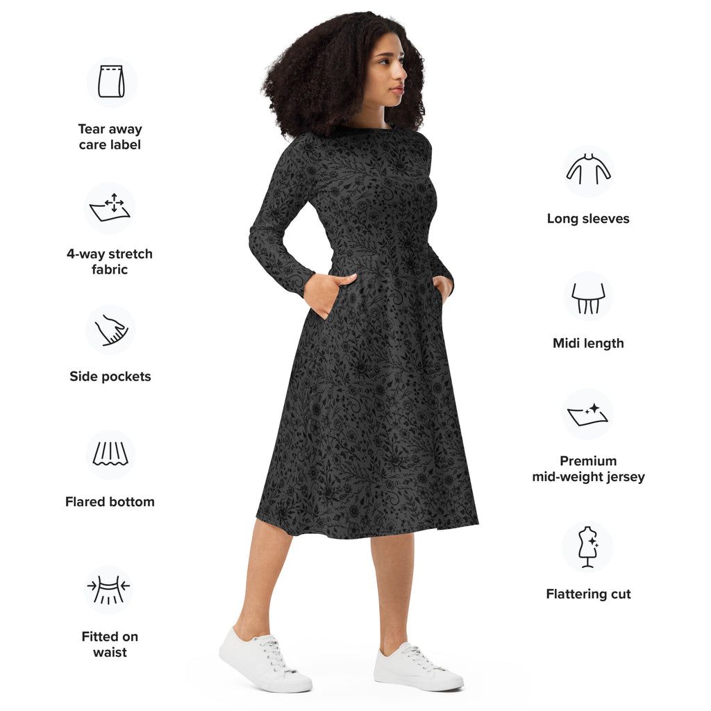 Long Sleeve Pocket Flare Dress - 'Gothic Garden (Black Version)'