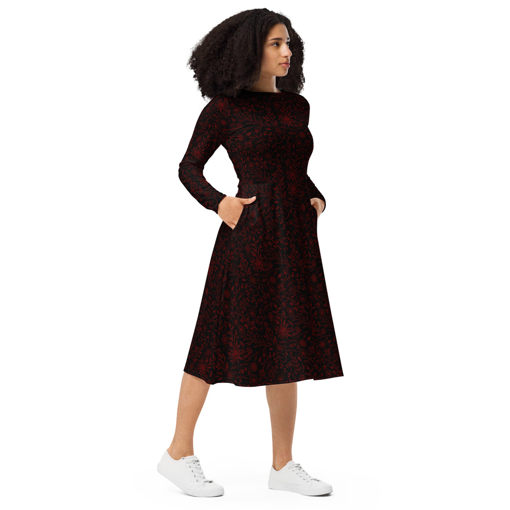 Long Sleeve Pocket Flare Dress - 'Gothic Garden (Red Version)'