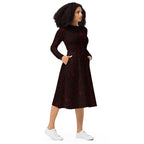 Long Sleeve Pocket Flare Dress - 'Gothic Garden (Red Version)'