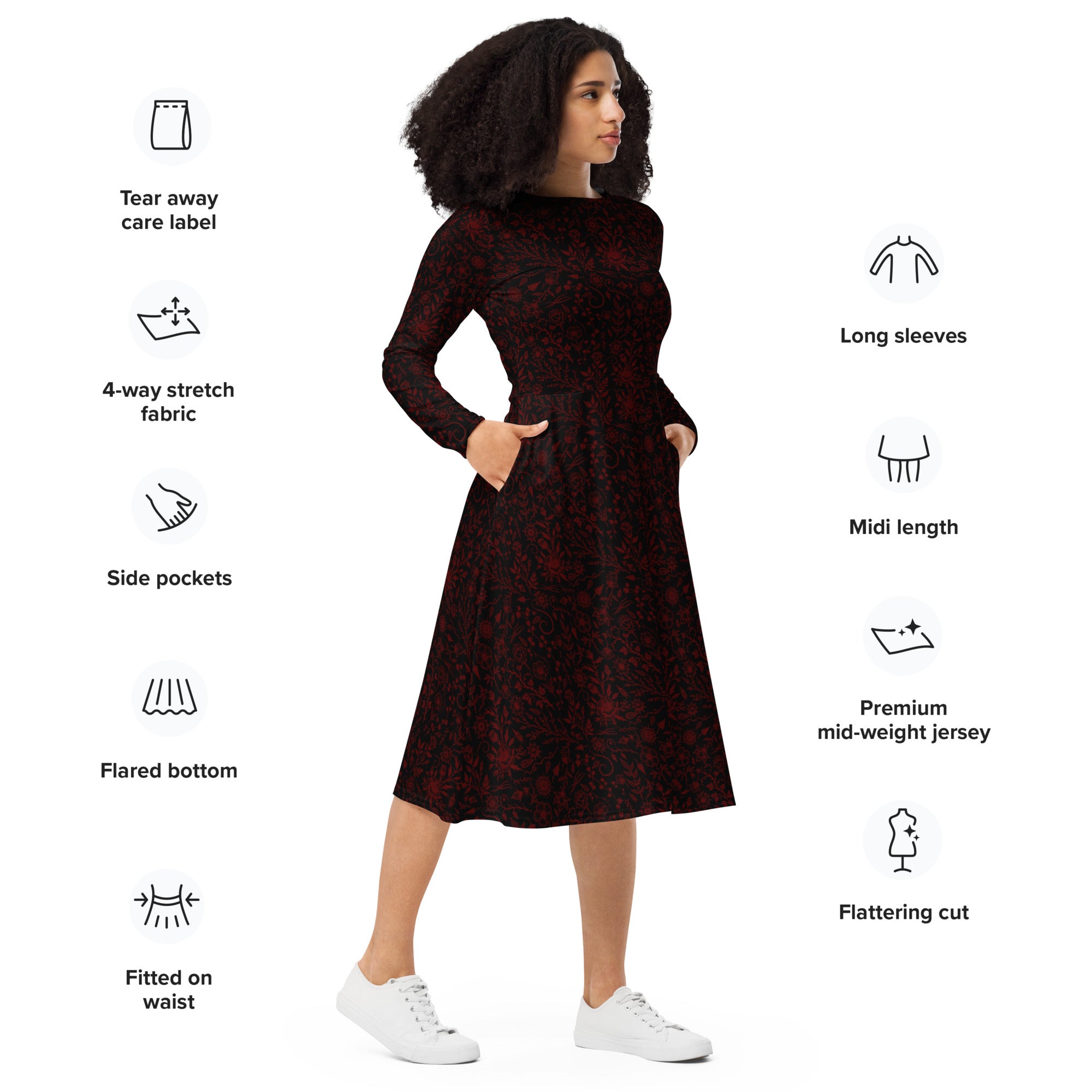 Long Sleeve Pocket Flare Dress - 'Gothic Garden (Red Version)'