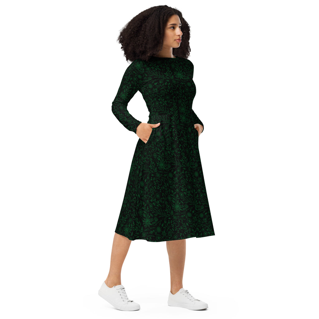 Long Sleeve Pocket Flare Dress - 'Gothic Garden (Green Version)'