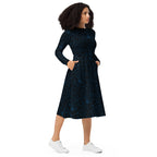 Long Sleeve Pocket Flare Dress - 'Gothic Garden (Blue Version)'