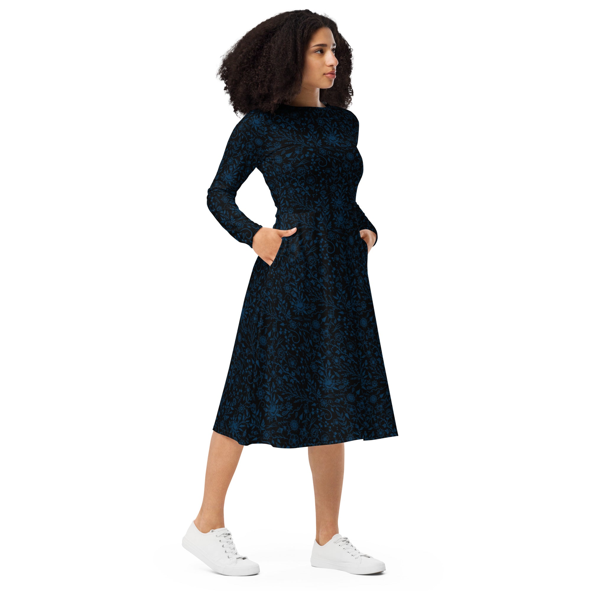 Long Sleeve Pocket Flare Dress - 'Gothic Garden (Blue Version)'