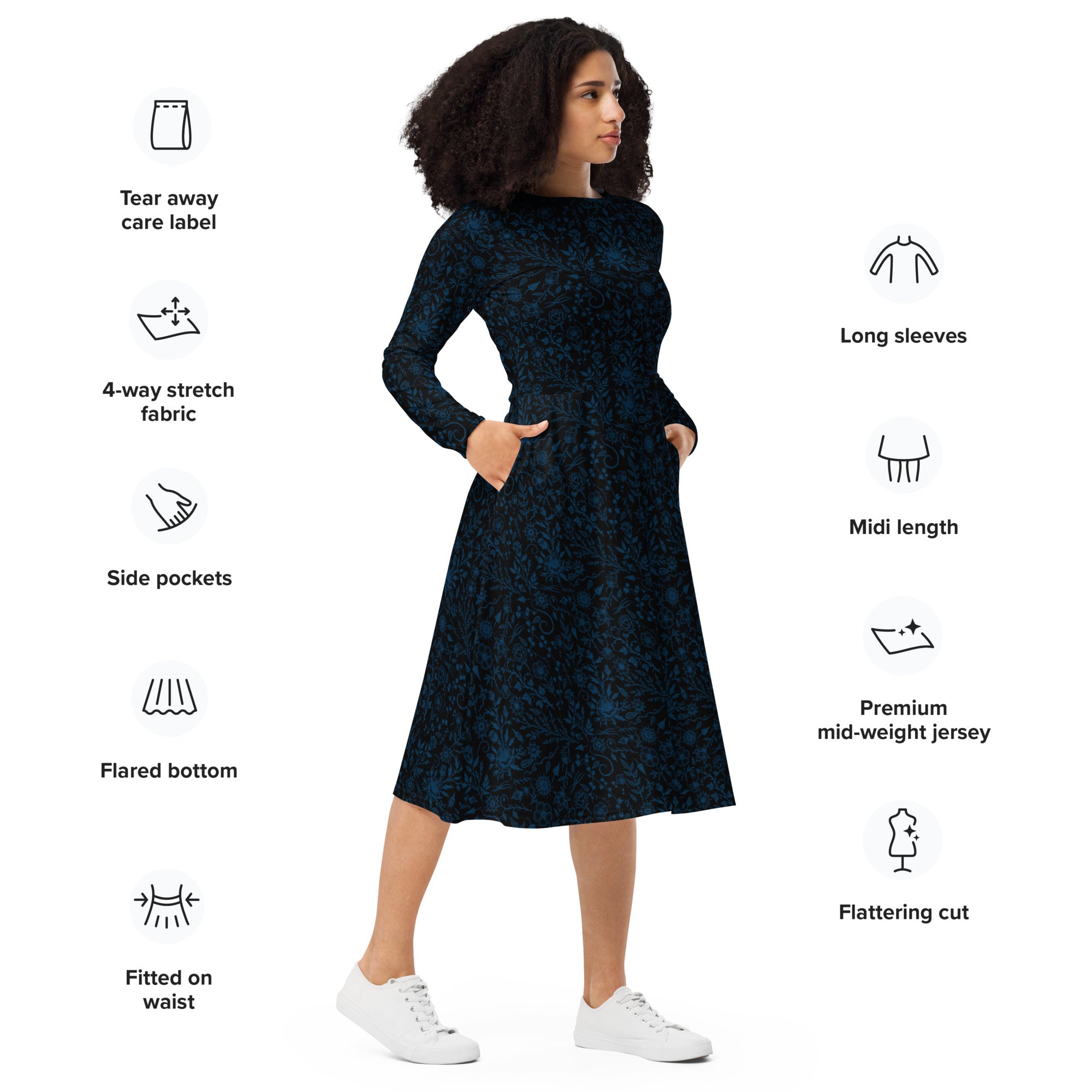Long Sleeve Pocket Flare Dress - 'Gothic Garden (Blue Version)'