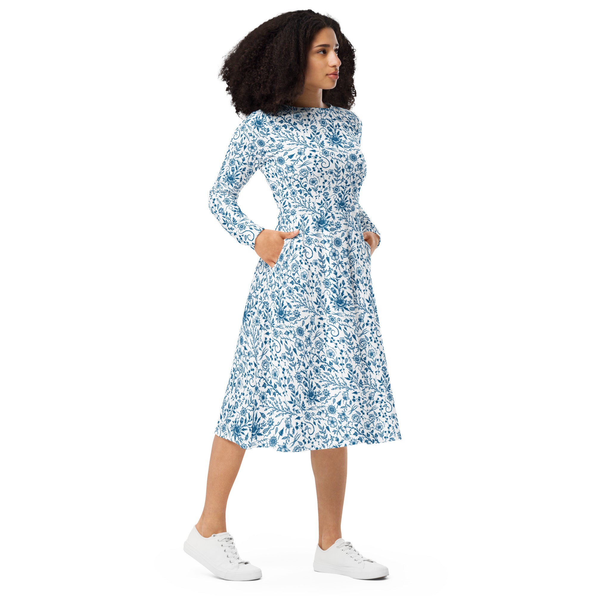 Long Sleeve Pocket Flare Dress - 'Gothic Garden (Bone China Version)'