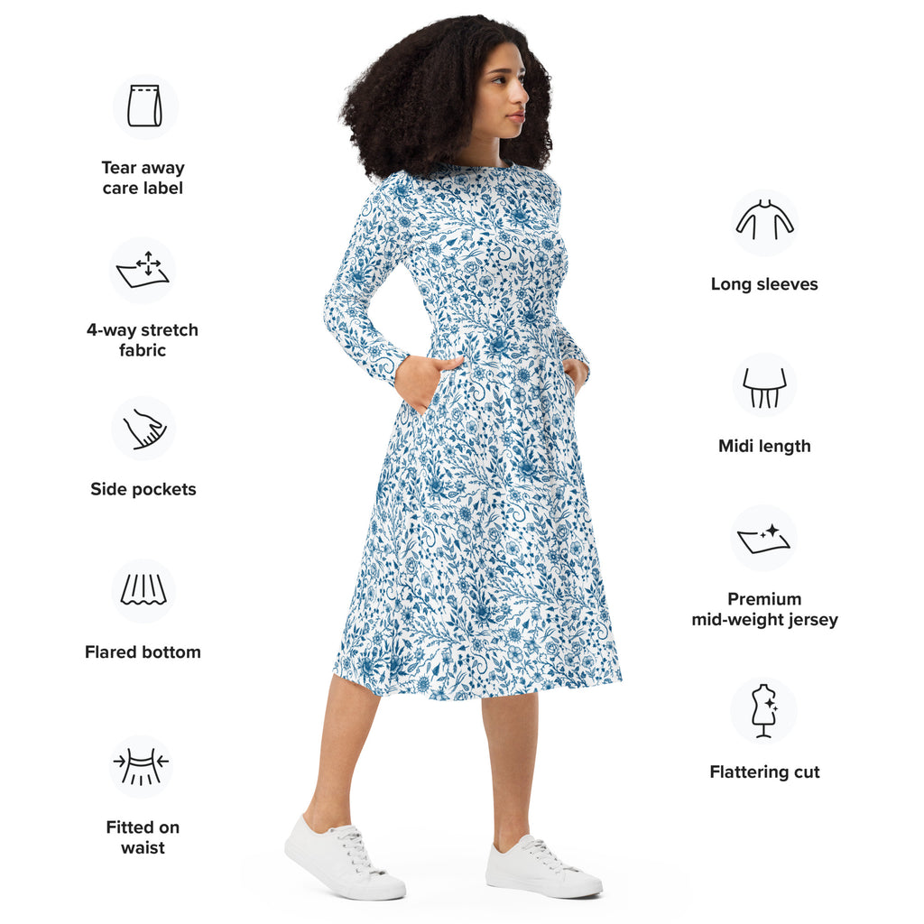 Long Sleeve Pocket Flare Dress - 'Gothic Garden (Bone China Version)'