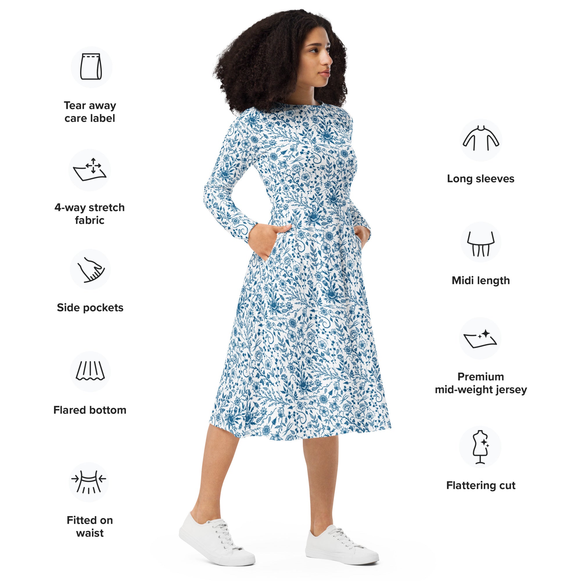 Long Sleeve Pocket Flare Dress - 'Gothic Garden (Bone China Version)'