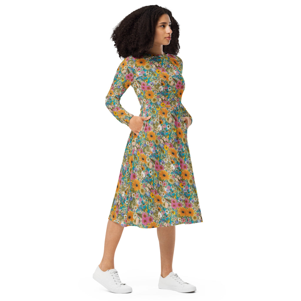 Long Sleeve Pocket Flare Dress - 'Pressed Flowers'