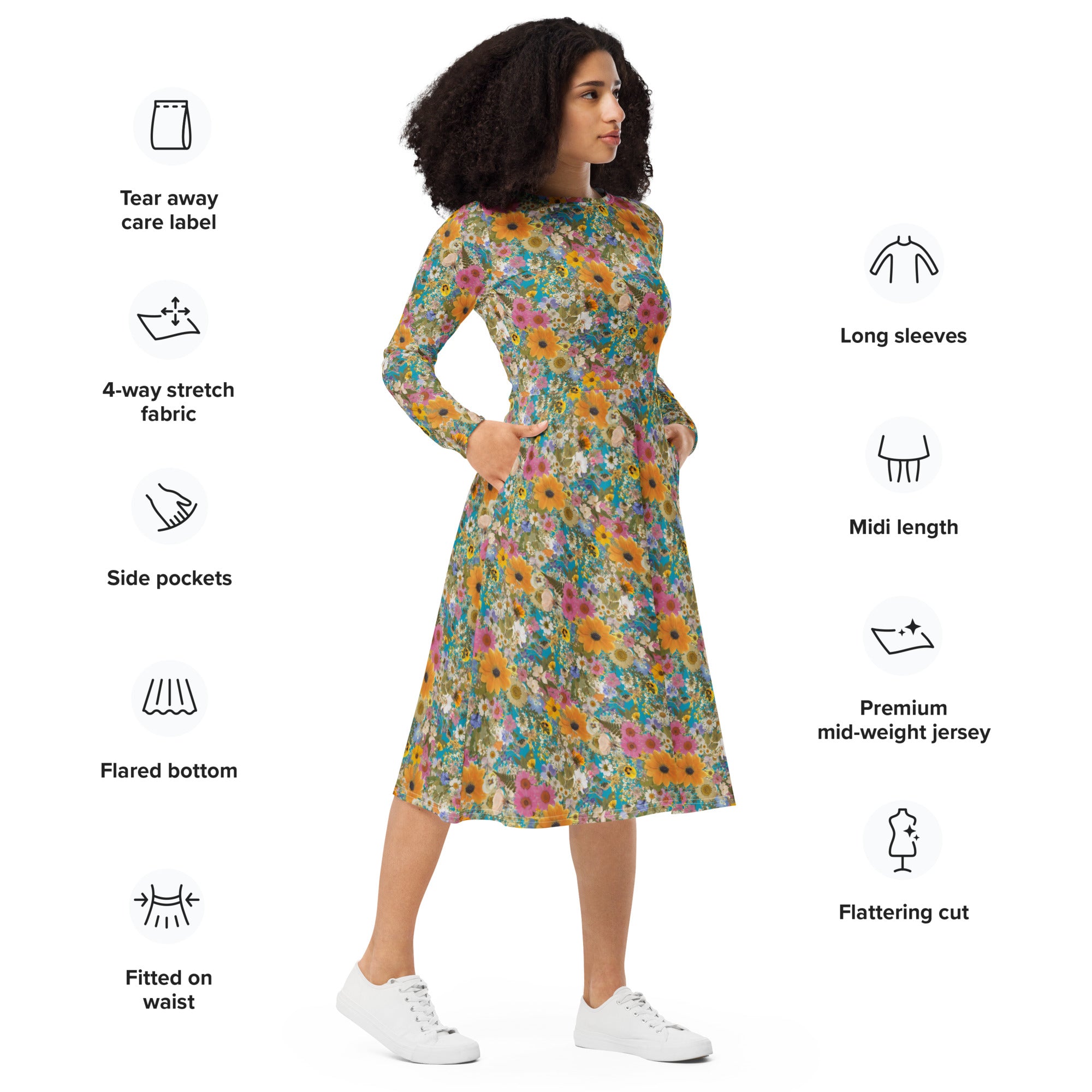 Long Sleeve Pocket Flare Dress - 'Pressed Flowers'