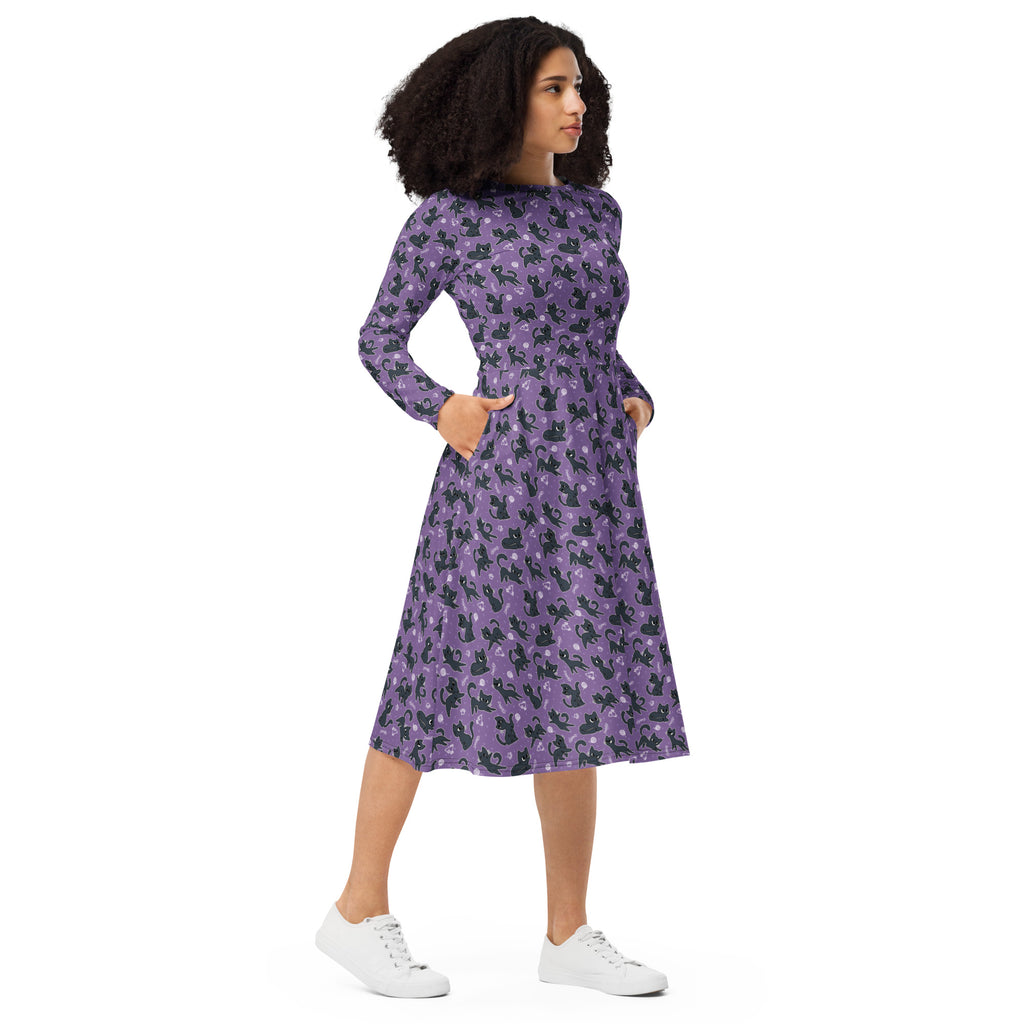 Long Sleeve Pocket Flare Dress - 'Purrple Playtime'
