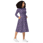 Long Sleeve Pocket Flare Dress - 'Purrple Playtime'