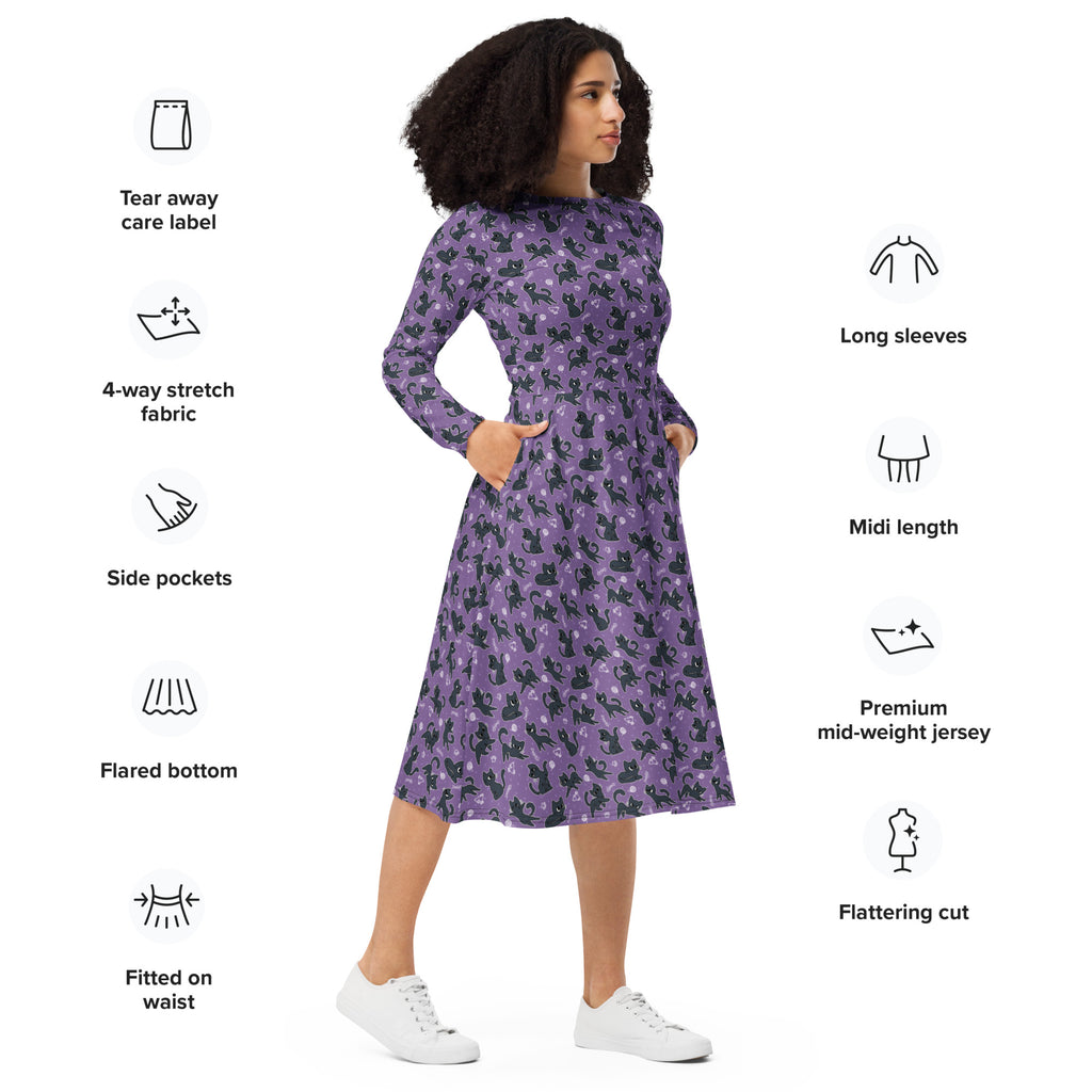 Long Sleeve Pocket Flare Dress - 'Purrple Playtime'