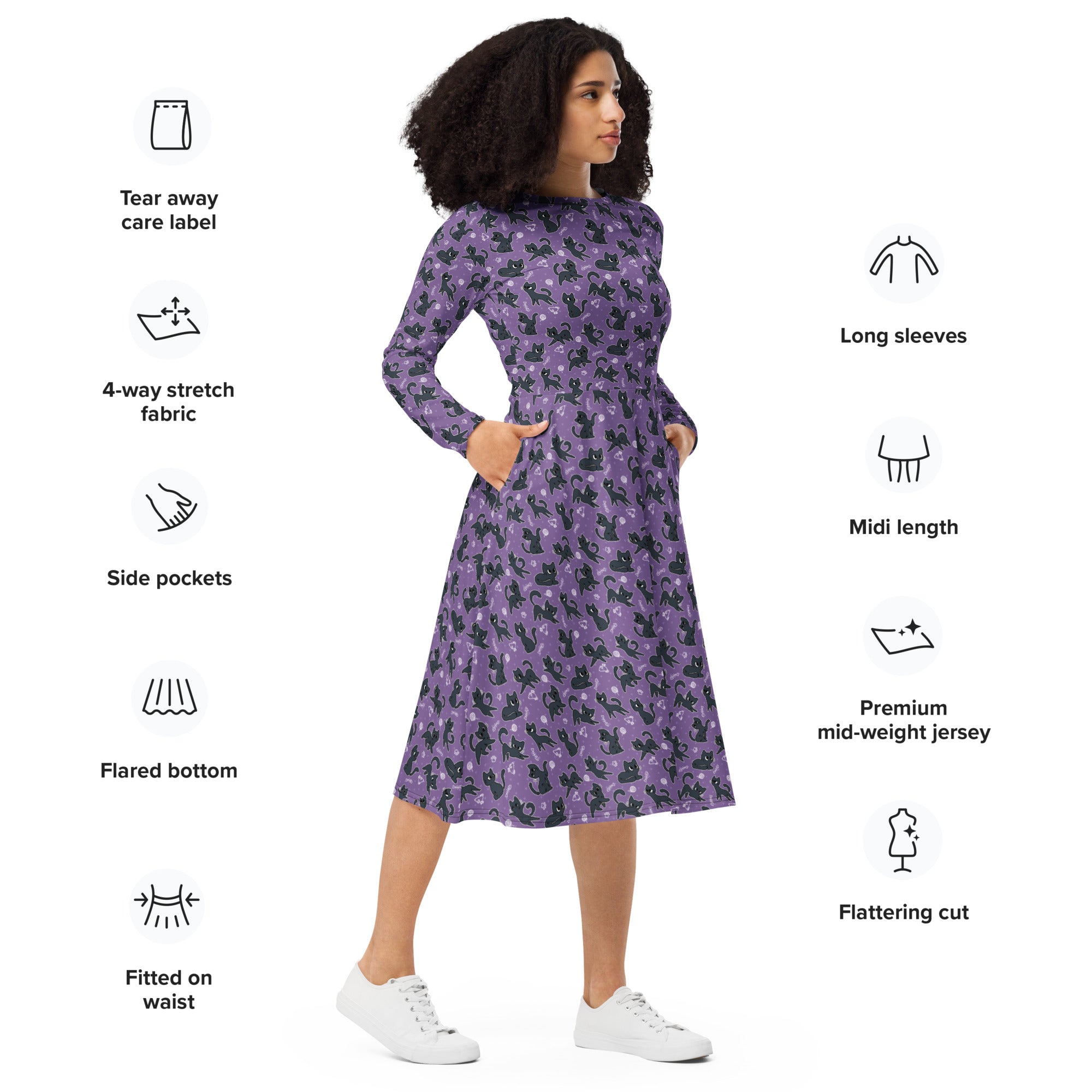 Long Sleeve Pocket Flare Dress - 'Purrple Playtime'