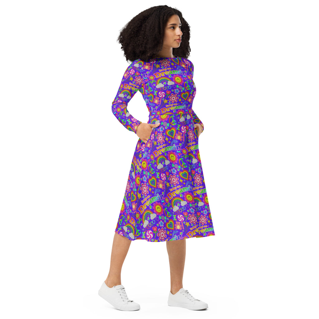 Long Sleeve Pocket Flare Dress - 'Glitter Stickers'