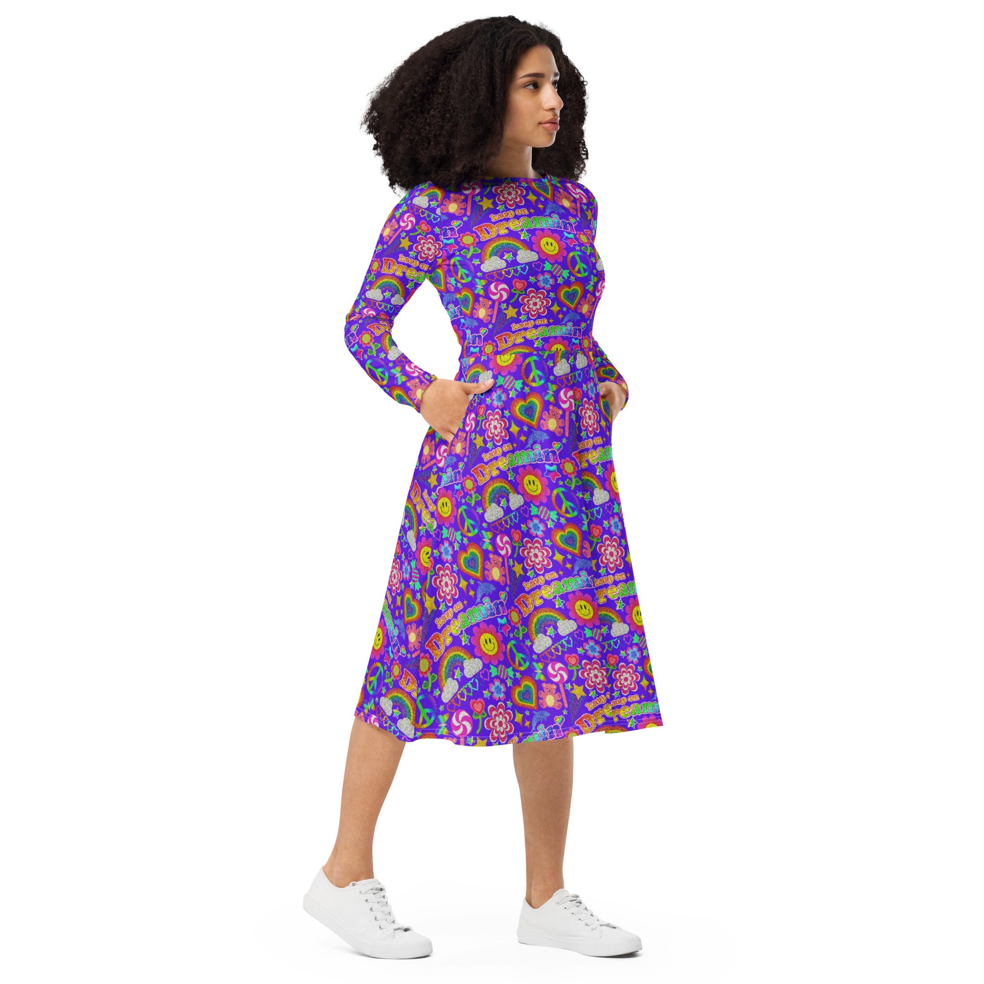 Long Sleeve Pocket Flare Dress - 'Glitter Stickers'