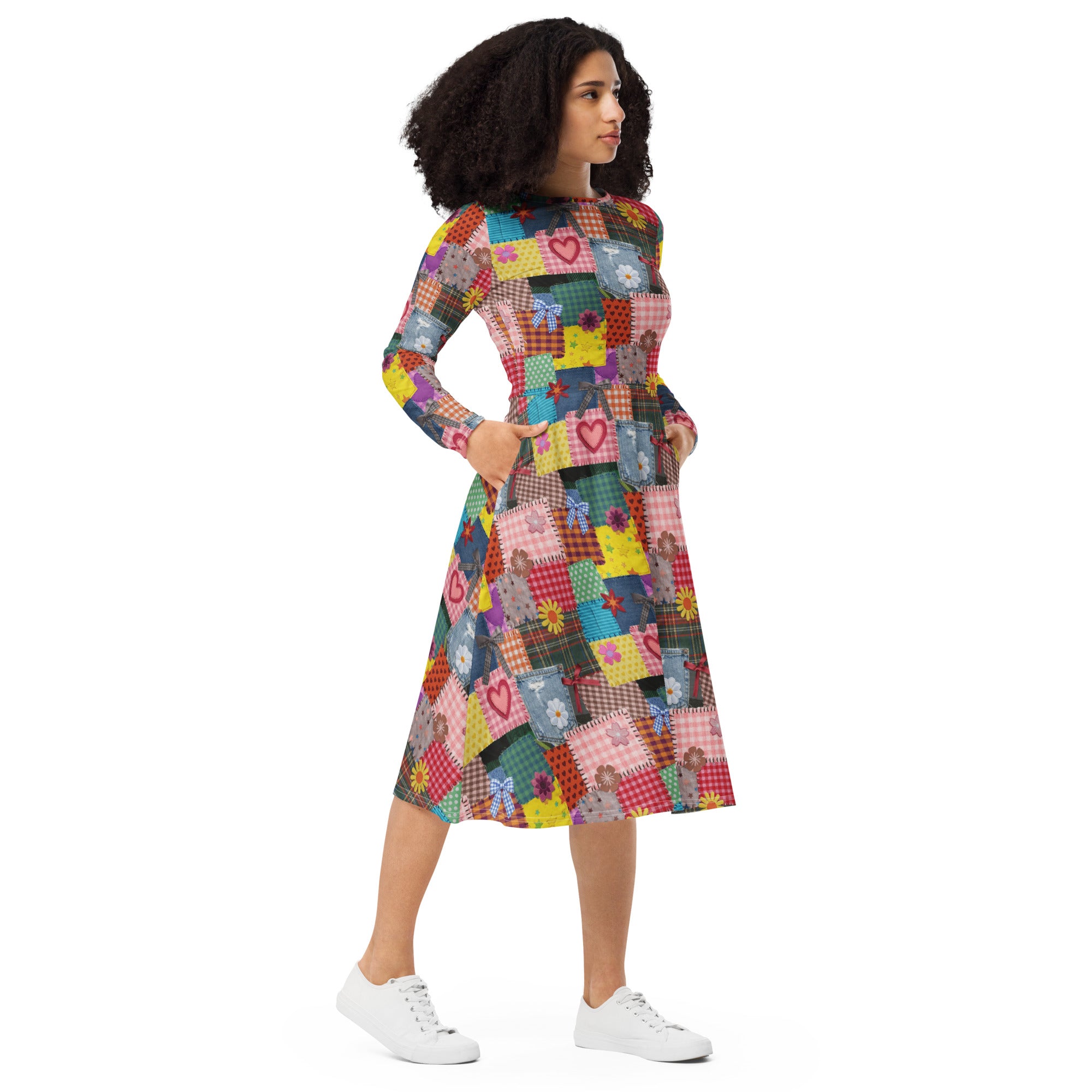 Long Sleeve Pocket Flare Dress - 'Perfect Patchwork'