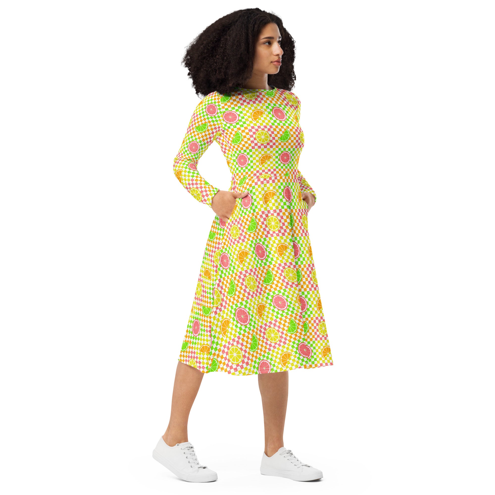 Long Sleeve Pocket Flare Dress - 'Citrus Squares'
