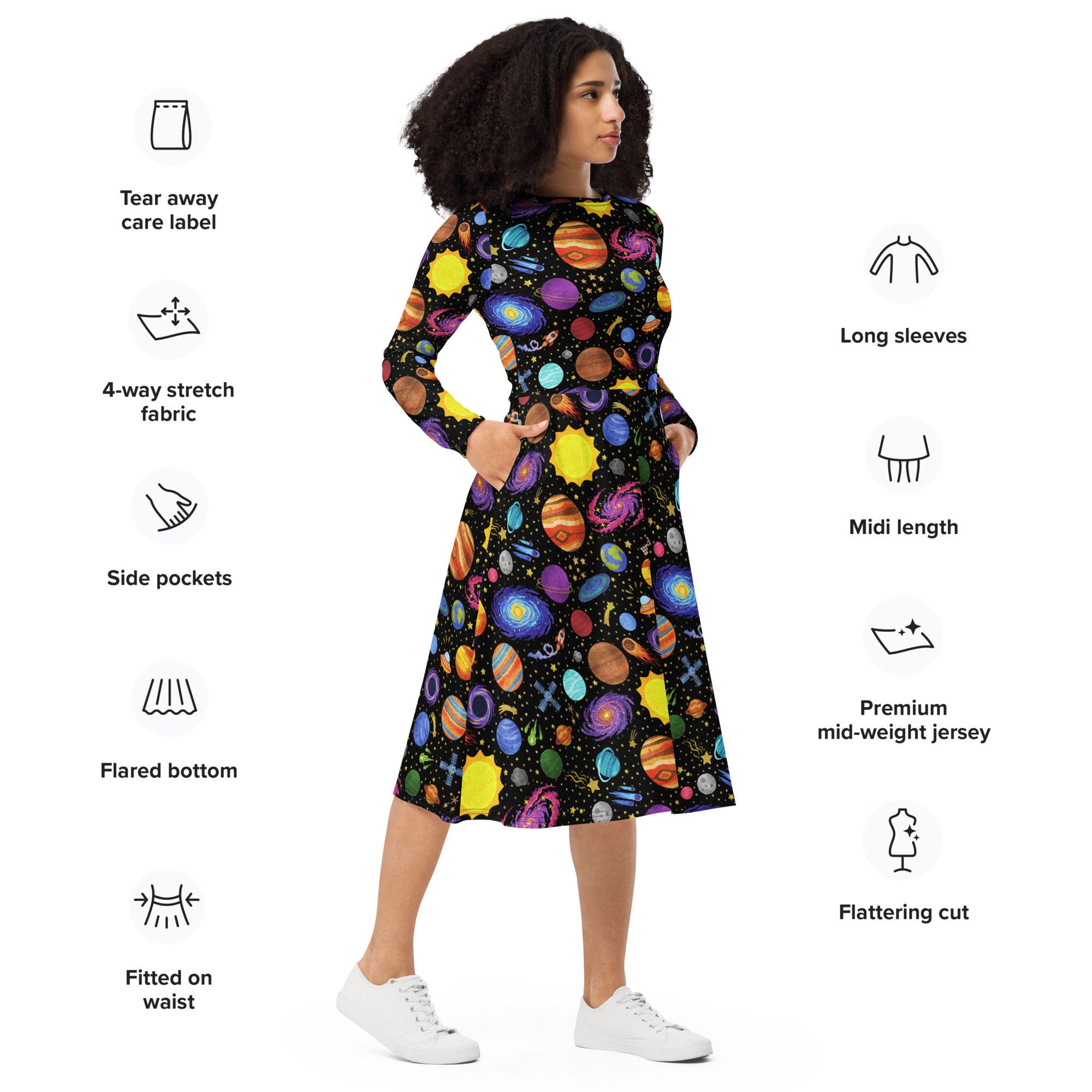 Long Sleeve Pocket Flare Dress - 'Glittering Galaxies' CUT-SEW