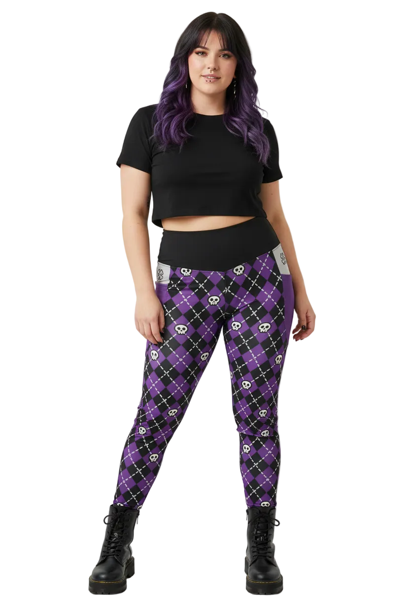 RECYCLED High Waist Pocket Leggings - 'Diamond Skulls'
