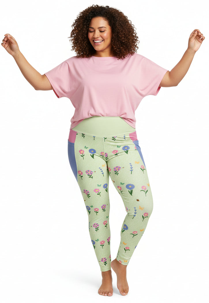 RECYCLED High Waist Pocket Leggings - 'Spring Stems' 6XL