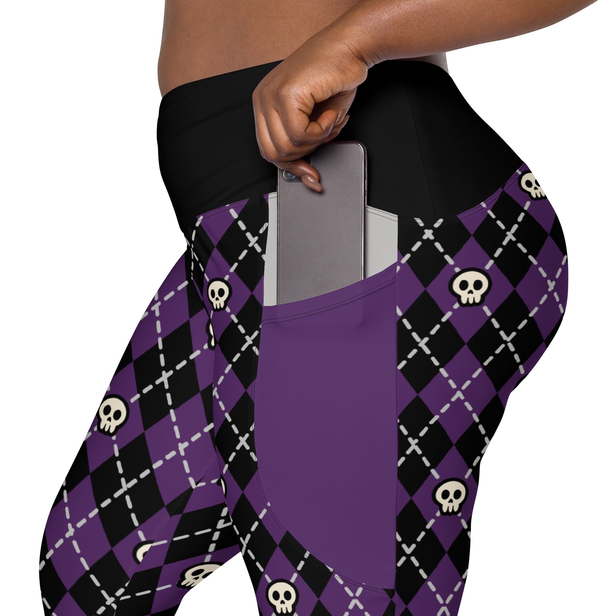 RECYCLED High Waist Pocket Leggings - 'Diamond Skulls'