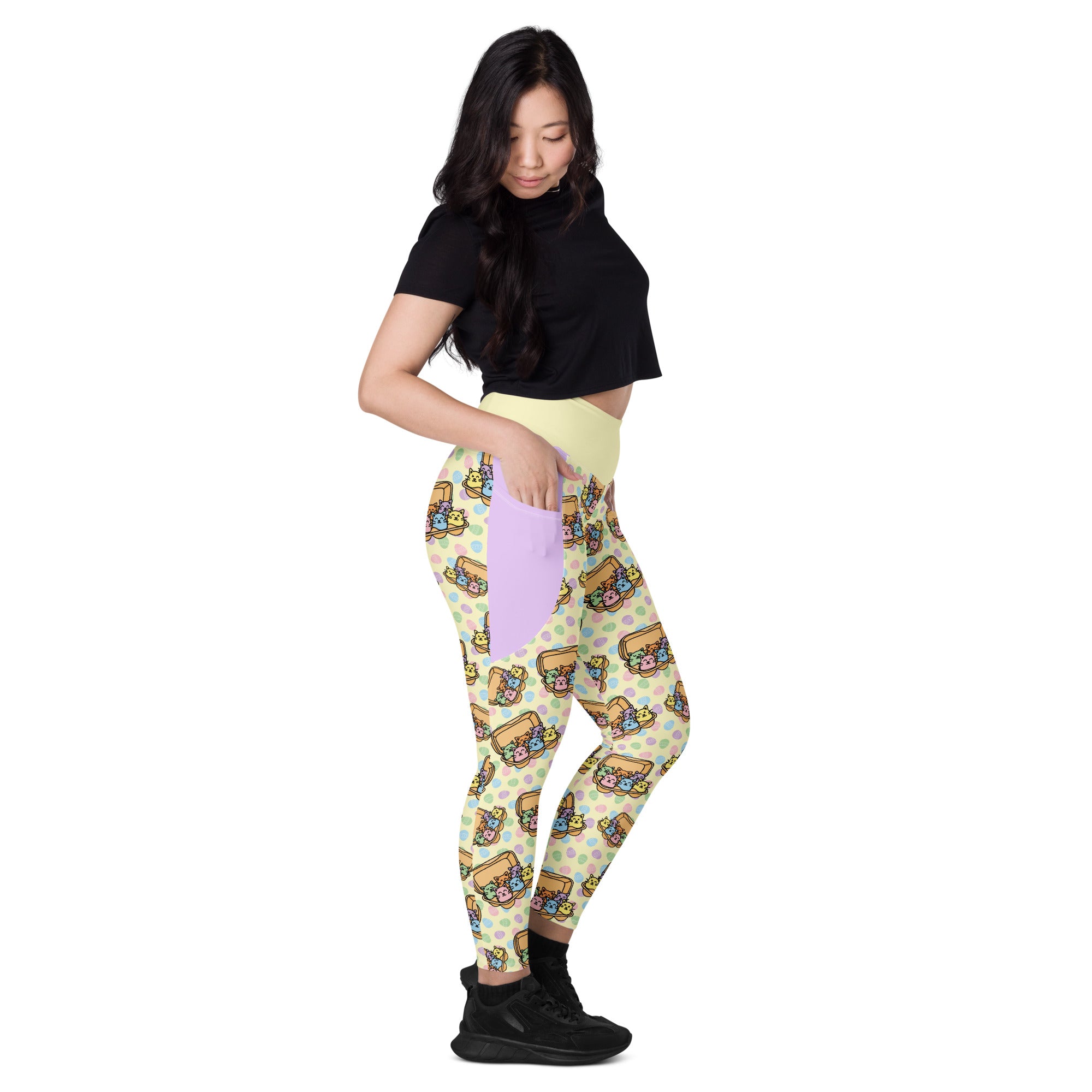 RECYCLED High Waist Pocket Leggings - 'Easter Kittens'