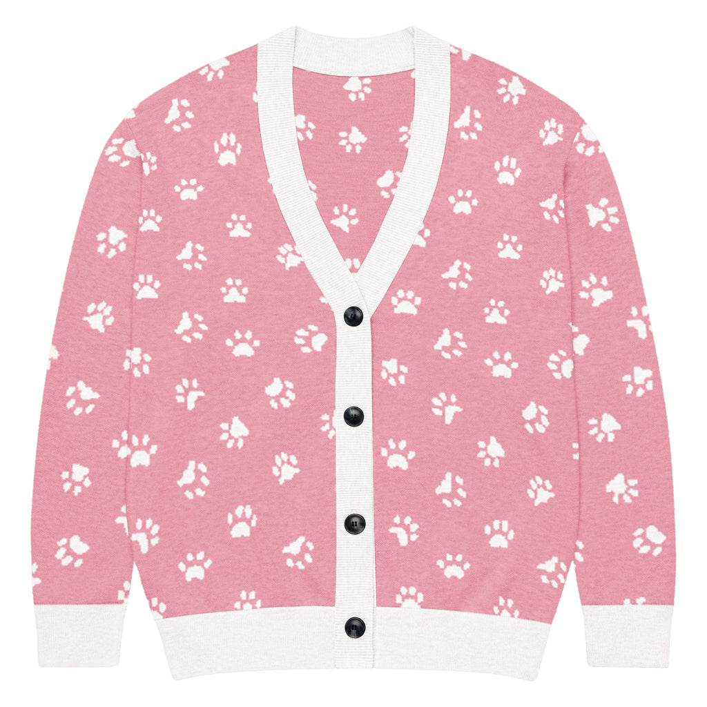 Unisex Relaxed Fit Knitted Cardigan - 'Pink Pawprints' 2XS Cardigan