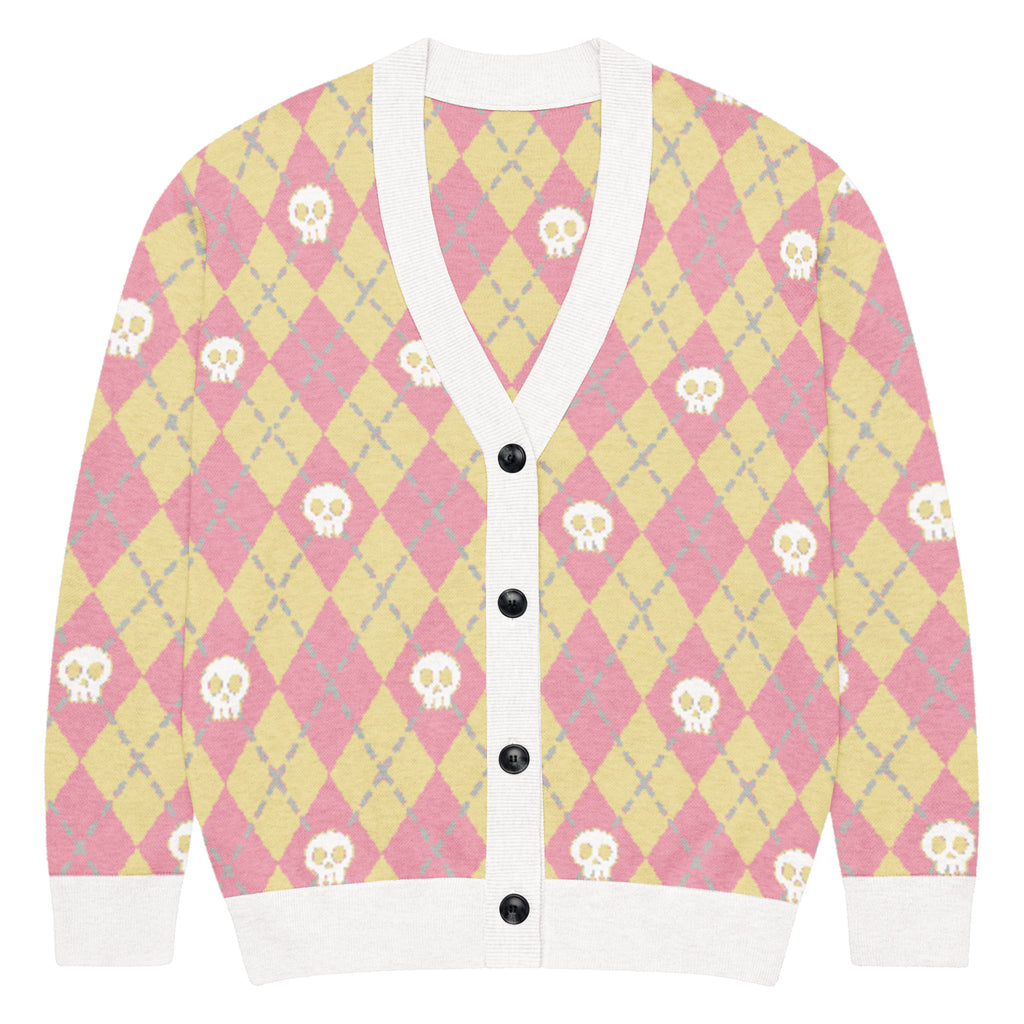Unisex Relaxed Fit Knitted Cardigan - 'Diamond Skulls (Strawberry Lemonade)' 2XS Cardigan
