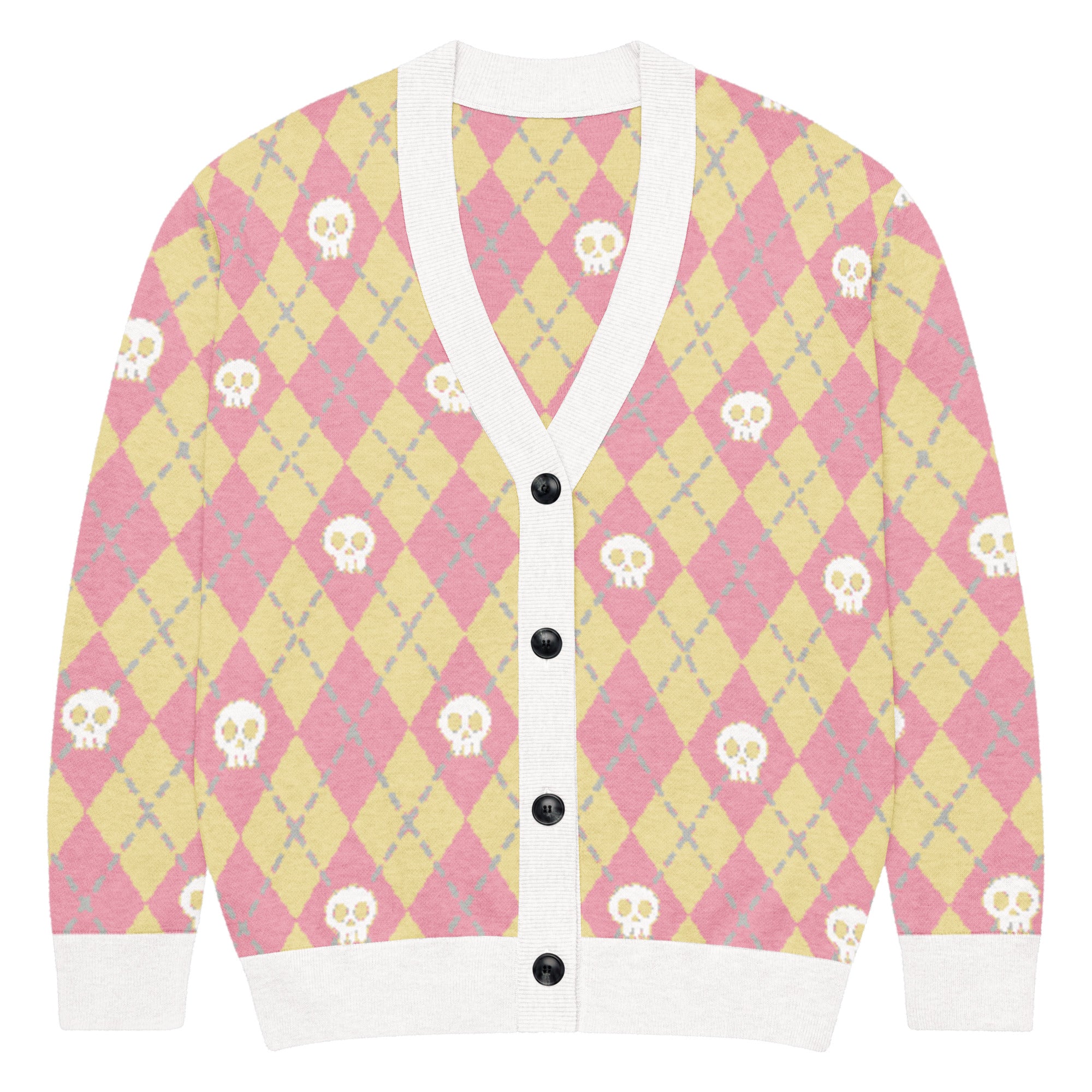 Unisex Relaxed Fit Knitted Cardigan - 'Diamond Skulls (Strawberry Lemonade)' 2XS Cardigan